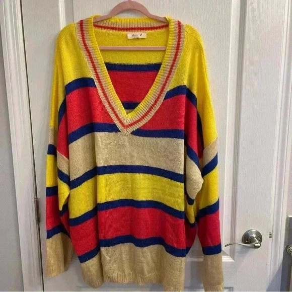 Glitzy Girlz Sweaters - Over Sized Striped V-Neck Sweater (Yellow, Blue, Pink, and Tan)